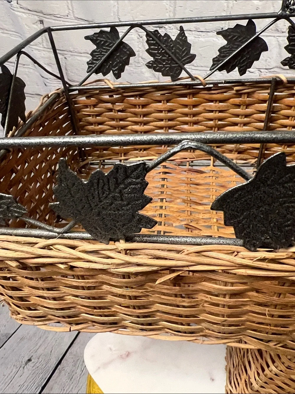 Vintage stair step Wicker Basket Metal Maple Leaf Handle Rustic Farmhouse Decor